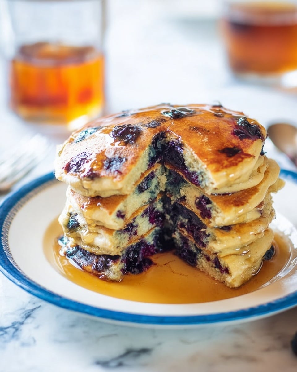 A stack of three thick, round pancakes with visible blueberries inside them, topped with syrup that shines and drips on the sides, sits in the center of a white plate with blue and green floral patterns and a gold rim. A woman's hand holds a fork with a small piece of pancake on the left side of the plate. Below is a blue plate with more pancakes partly visible. To the top right corner, there is a glass cup filled with amber liquid on a white marbled surface. The overall setting has bright, soft lighting with the white marbled texture underneath. photo taken with an iphone --ar 4:5 --v 7