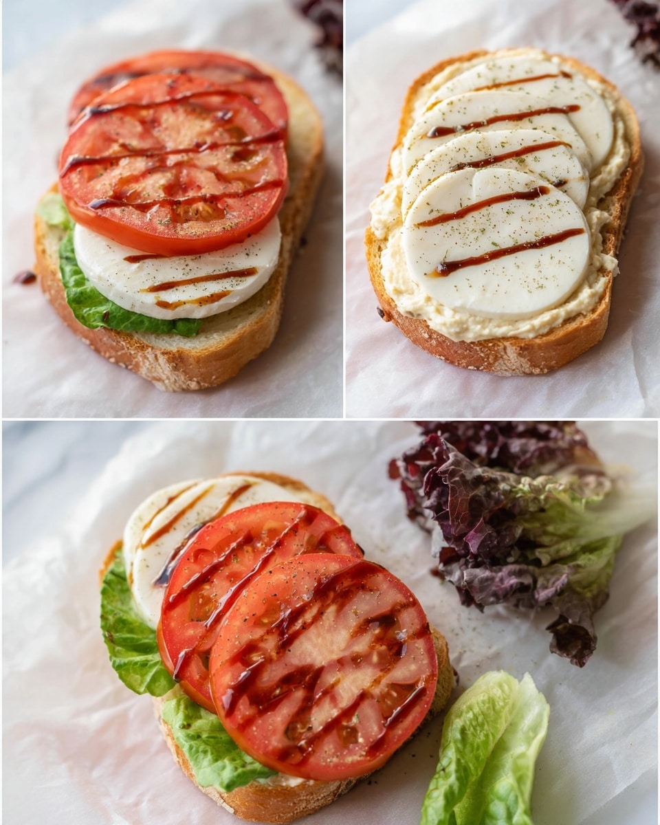 The image shows an open sandwich on two slices of toasted white bread placed on light parchment paper with a white marbled background. The first slice has a spread of creamy, slightly speckled sauce in an even layer. The second slice sits plain beside it. On top of the slice with the spread is a layer of green leafy lettuce peeking out, covered by two thick, round slices of red tomato with visible seeds and inner texture. On top of the tomatoes are two large oval slices of white mozzarella cheese with smooth texture. The cheese is drizzled with a dark balsamic glaze in thin lines. A small piece of purple and green lettuce lies next to the sandwich on the parchment. Photo taken with an iphone --ar 4:5 --v 7