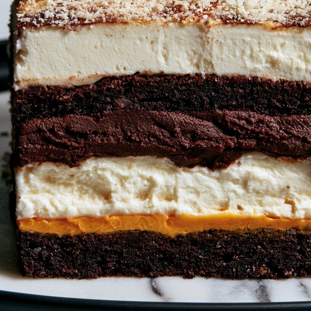 A close-up of a layered dessert slice shows five distinct layers on a white marbled surface. The bottom and top layers are dark brown and crumbly, made of crushed cookies. Above the bottom layer is a thin orange layer that looks smooth and creamy. Above this is a thick white creamy layer, followed by a dense, dark chocolate-colored layer with a soft texture. On top of that is another thick white layer, sprinkled with fine crumbs like the top layer. The dessert is presented on a black plate. Photo taken with an iphone --ar 4:5 --v 7