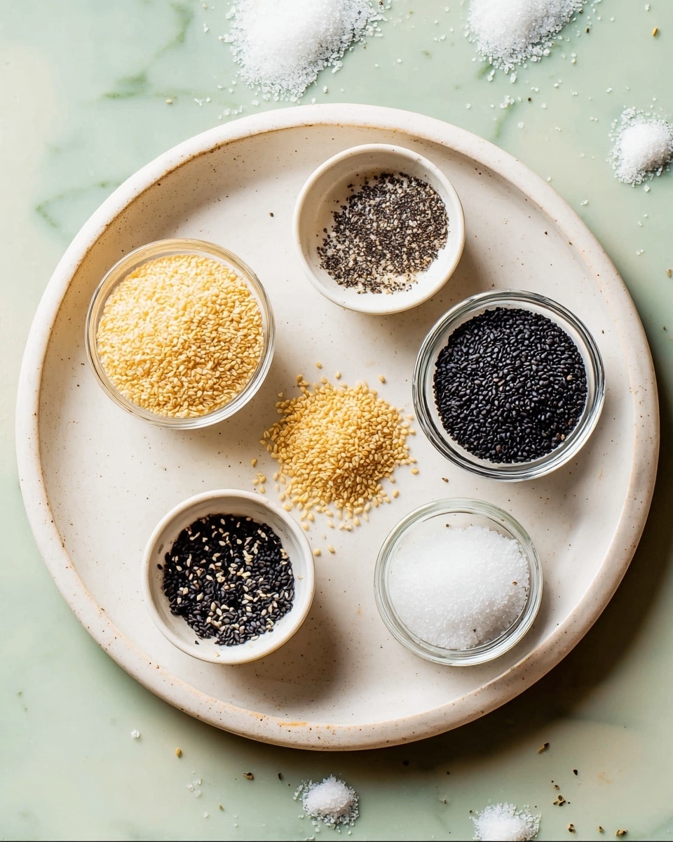 The image shows a white round plate with six small containers placed loosely in a circular layout. Three white ceramic cups hold light yellow dried flakes, white sesame seeds, and black sesame seeds. Two small clear glass bowls contain black poppy-like seeds and coarse white salt. The plate surface has a few scattered white and black seeds and salt grains, all set against a soft green background replaced by white marbled texture in the prompt. photo taken with an iphone --ar 4:5 --v 7