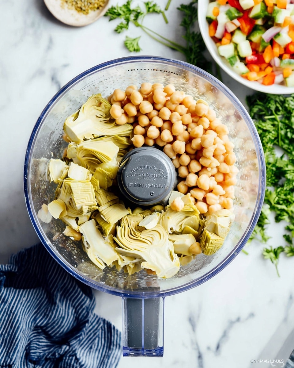 A clear glass food processor bowl is shown from above with two main layers inside: the bottom layer is filled with light beige chickpeas, and on top of them are pale yellow-green artichoke pieces with a tender texture. The bowl sits on a white marbled surface, with some fresh green parsley and a white bowl filled with mixed diced vegetables in the top right corner. A woman's hand holding the food processor is partially visible at the bottom left side near a blue-striped cloth. Photo taken with an iphone --ar 4:5 --v 7