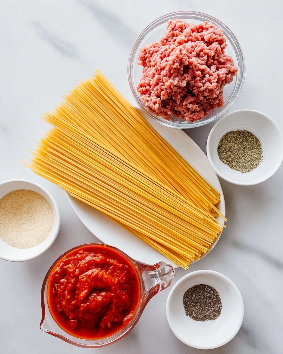 A large white plate holds a bundle of uncooked long yellow spaghetti pasta, neatly stacked and spreading from left to right. Surrounding the plate on a white marbled surface are several white bowls and clear glass containers: a clear glass bowl filled with raw ground meat showing a mix of pink and pale red shades sits to the right below the pasta; a clear glass measuring cup holds thick red tomato sauce with visible tomato bits and is placed below the pasta on the left; a small white bowl with chunky red tomato sauce is placed below the glass cup; two small white bowls contain dried herbs and a light beige powder, positioned near the top left of the pasta; and another small white bowl with black ground pepper rests near the bottom right corner of the image. photo taken with an iphone --ar 4:5 --v 7