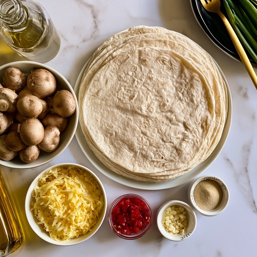The image shows a flat stack of round, light beige tortillas on a white plate placed on a white marbled surface. To the left of the tortillas, there is a small white bowl full of whole brown mushrooms with smooth texture. Below the mushrooms, a white bowl contains yellow shredded cheese. To the right of the cheese, a small clear bowl holds chopped red vegetables, and beside it, there are two smaller white bowls with a beige powder labeled garlic salt and small chopped garlic pieces respectively. A clear bottle with golden olive oil is positioned to the far left, and in the top right corner, there is a black plate with green scallions on it along with a golden fork. Photo taken with an iphone --ar 4:5 --v 7