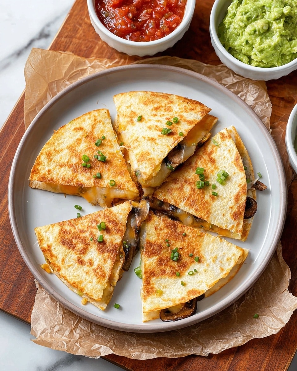 A white round plate with four triangular quesadilla pieces arranged in a slight circle. Each quesadilla layer shows a golden-brown toasted tortilla outside with visible melted cheese and mushroom slices peeking out between the folded layers. The quesadillas are sprinkled with small green chopped scallions. At the top side of the plate are two small white bowls, one filled with chunky red salsa and the other with smooth green guacamole. The plate is placed on crumpled brown parchment paper on a wooden board. The background surface is a white marbled texture. photo taken with an iphone --ar 4:5 --v 7