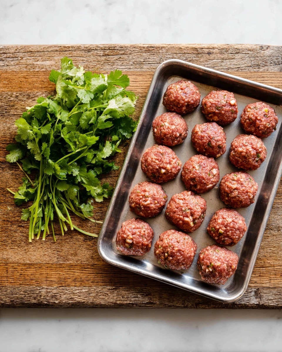 A metal tray filled with six rows of round, raw meatballs made of mixed ground meat with visible small pieces of onion and herbs, evenly spaced and arranged neatly. On the left side of the tray, a bunch of fresh green cilantro rests, showing bright leafy textures. The tray is placed on a wooden board with rough texture, and the whole setup is on a white marbled surface. Photo taken with an iphone --ar 4:5 --v 7