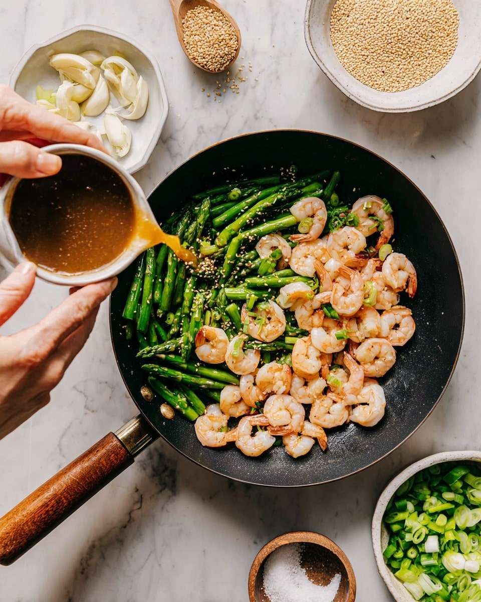 In a black pan with a wooden handle, there is a stir-fry dish with two layers: the bottom layer has light pink cooked shrimp, and the top layer is bright green chopped asparagus pieces. A woman's hand is pouring thick brown sauce from a white bowl onto the shrimp and asparagus. Around the pan, on a white marbled surface, there are garlic cloves, a small white bowl filled with sesame seeds, a white plate holding a wooden spoon with coarse salt, and white bowls with chopped green vegetables. Photo taken with an iphone --ar 4:5 --v 7