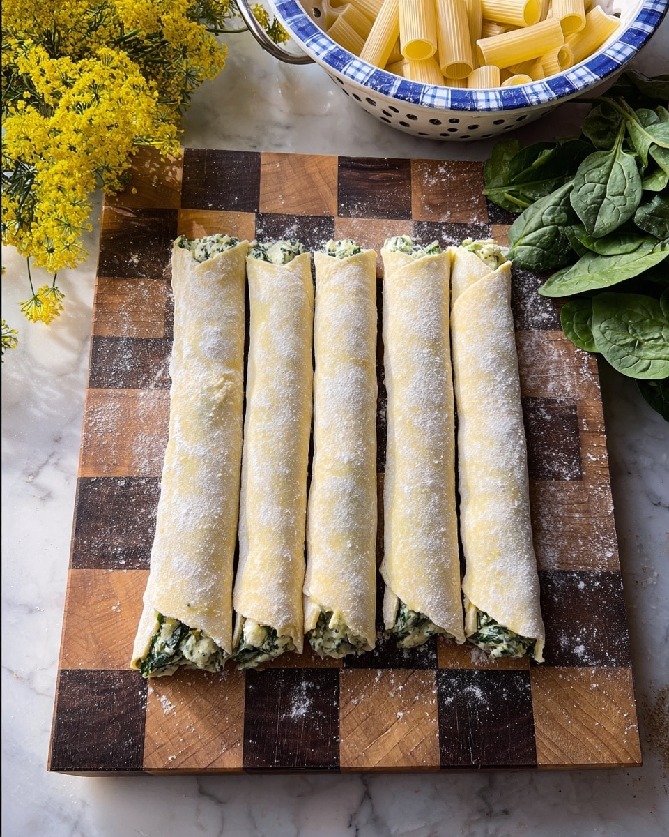 There are six long, rolled strips of dough filled with a green and white spinach and cheese mixture, dusted with flour, placed evenly side by side on a wooden checkered cutting board. To the upper right, there is a small pile of fresh spinach leaves with deep green, smooth textures. Behind the spinach, a white colander with blue checkered patterns holds pale yellow pasta shells. On the upper left corner, bright yellow wildflowers add a pop of color. The background surface is white marble with subtle veins. Photo taken with an iphone --ar 4:5 --v 7