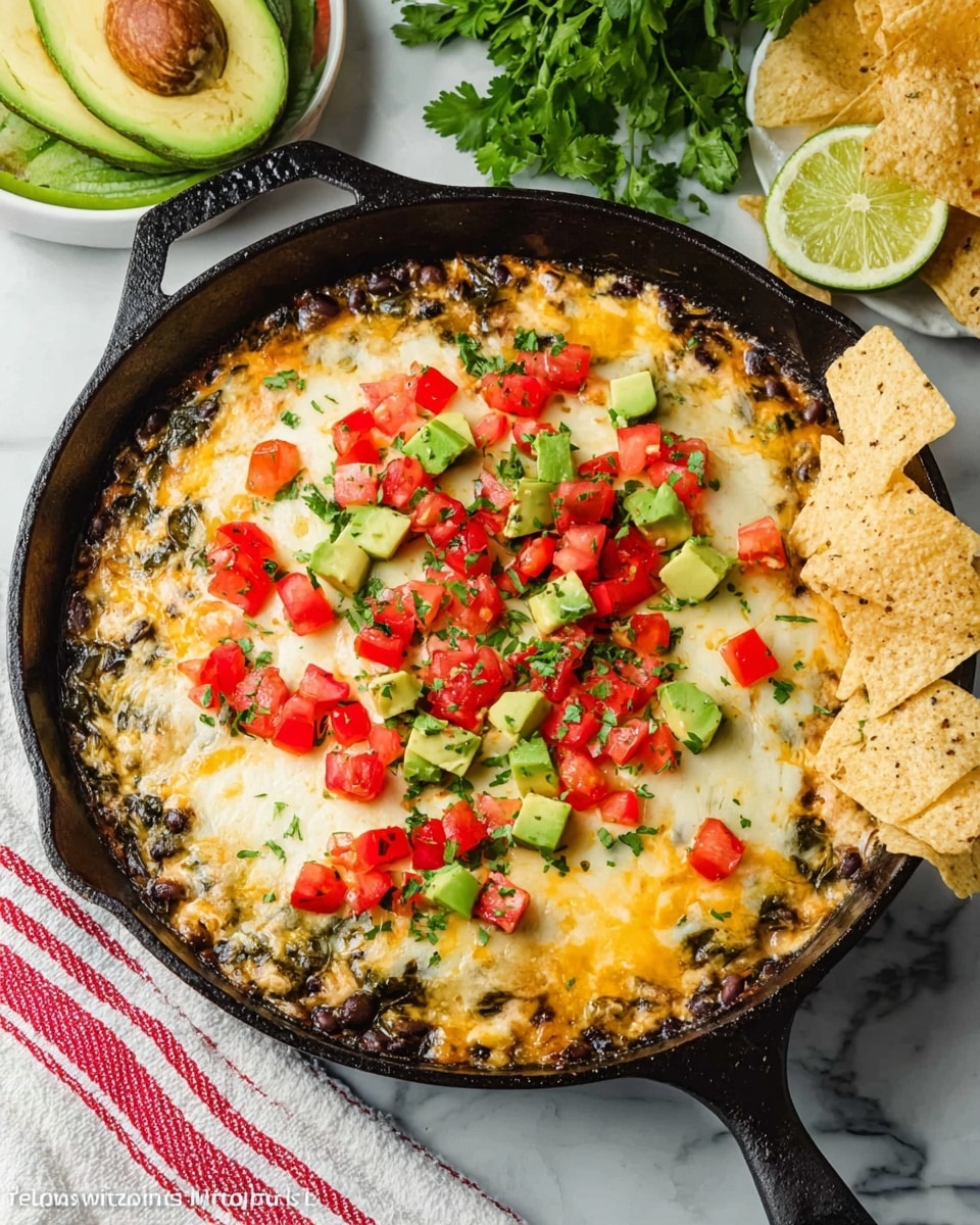 A black cast-iron skillet sits on a white marbled surface, filled with a layered hot dip. The bottom layer appears dark with black beans and greens mixed, topped with melted white and yellow cheese that spreads evenly, slightly browned at the edges. On top of the cheese, scattered bright red tomato pieces and small green avocado cubes add fresh color along with finely chopped green herbs. To the right side of the skillet, a pile of pale golden tortilla chips leans against the edge. In the background, a half avocado with diced green flesh, a lime wedge, and sprigs of green cilantro rest on the white marbled surface. A white cloth with red stripes sits partially under the skillet. Photo taken with an iphone --ar 4:5 --v 7