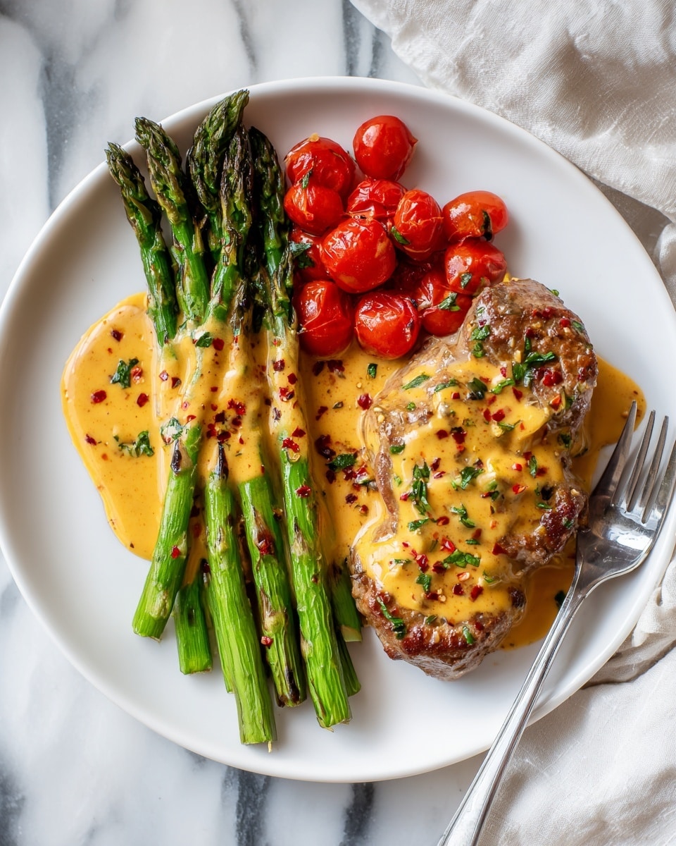 A white plate holds a meal with three main parts. On the left, a bunch of green asparagus with some char marks is drizzled with a thick, light orange sauce sprinkled with red pepper flakes. On the right side, a cooked piece of meat is covered with the same orange sauce that has visible herbs and small pieces in it. Red cherry tomatoes, some whole and some sliced, sit next to the meat, slightly covered by the sauce. A silver fork rests on the plate's edge near the tomatoes. The plate is set on a white marbled surface with a white cloth visible in the upper right corner. Photo taken with an iphone --ar 4:5 --v 7