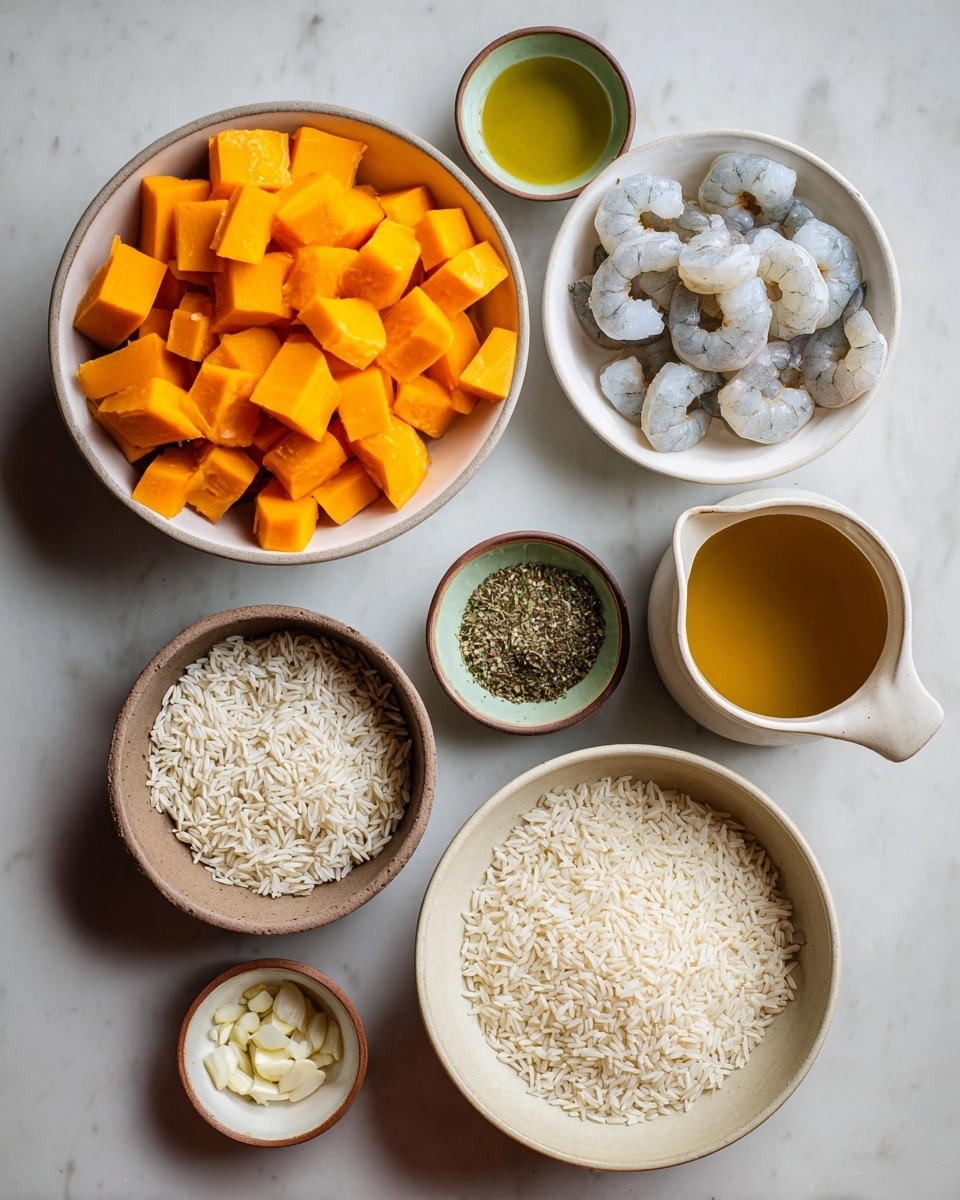 The image shows multiple small white bowls and a white measuring jug on a white marbled surface, each holding different ingredients. The largest bowl on the left is filled with bright orange cubes of squash, the white bowl on the right contains raw grayish shrimp, and a smaller white bowl at the bottom right holds white panko breadcrumbs. Below the squash bowl, a tan bowl holds uncooked white rice. To the right of the rice, a small brown bowl contains dried herbs with green and brown tones, next to it a white bowl with a golden yellow liquid likely olive oil, and a small tan bowl with finely chopped garlic. The measuring jug holds a golden brown liquid, placed towards the top right. The overall setup is neat and organized, arranged on a clean white marbled surface. photo taken with an iphone --ar 4:5 --v 7