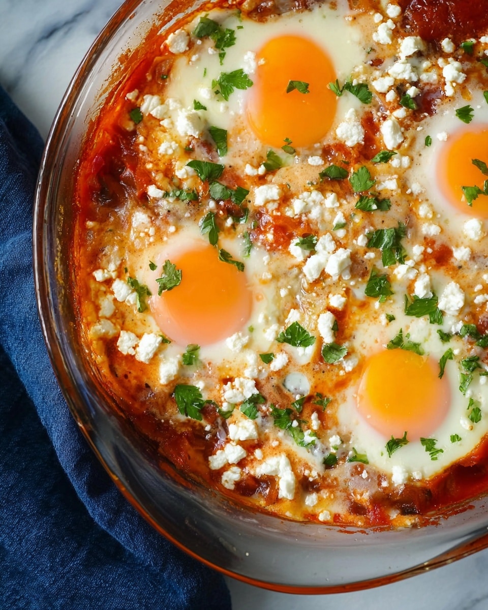 The image shows a clear dish filled with three baked eggs, each with a bright orange yolk sitting on a smooth layer of tomato sauce mixed with soft cooked vegetables. Over the tomato sauce and eggs, there are small white crumbles of cheese sprinkled all over, adding a crumbly texture. Bright green, roughly chopped herbs are scattered on top, giving a fresh look to the warm red, white, and orange colors of the dish. The dish is placed on a white marbled surface with a dark blue cloth partially seen underneath. photo taken with an iphone --ar 4:5 --v 7