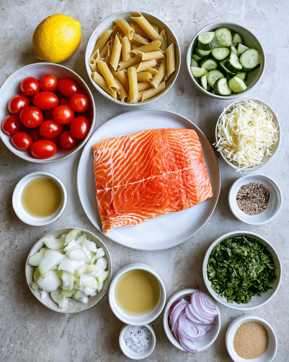 A flat lay of fresh cooking ingredients arranged on a white marbled texture, featuring a large piece of raw salmon with a rich orange and white pattern in the center on a white plate. Surrounding it are several white bowls filled with bright red halved cherry tomatoes, pale yellow uncooked penne pasta, chopped green cucumber, and finely chopped green herbs. Other smaller dishes hold shredded white cheese, pale purple sliced onions, a lemon, and various small white bowls containing light brown seasoning, a dollop of beige mustard, a light golden liquid, and a small mound of salt. Photo taken with an iphone --ar 4:5 --v 7
