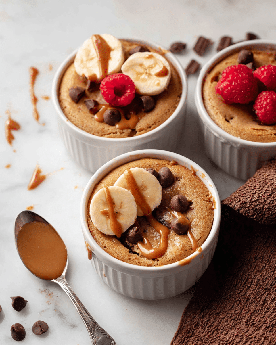 Three white ceramic ramekins hold light brown fluffy cakes with a soft texture. The ramekin closest to the front is topped with two round banana slices, small chocolate pieces, and a drizzle of creamy caramel sauce. The ramekin in the middle has three round banana slices, a few bright red raspberries, and a drizzle of caramel sauce. The ramekin farthest back is topped with scattered chocolate pieces. A silver spoon with caramel sauce rests on the white marbled surface next to the front ramekin, with some chocolate pieces scattered around. Part of a brown textured cloth is visible to the right. Photo taken with an iphone --ar 4:5 --v 7
