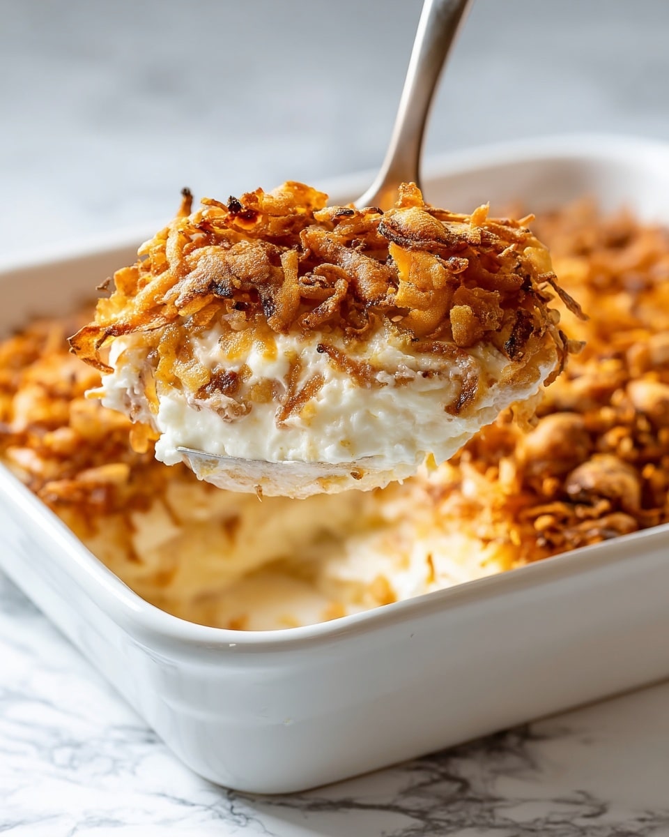 A white rectangular baking dish filled with a single layer of creamy, light beige casserole topped thickly with a layer of crispy, golden-brown fried onions that have dark brown charred spots, adding rough texture and crunchiness. The dish sits on a white marbled surface with a blue and white striped cloth underneath. Some fried onion pieces are scattered beside the dish, and two light yellow drinks in clear glasses are visible in the upper right corner. photo taken with an iphone --ar 4:5 --v 7