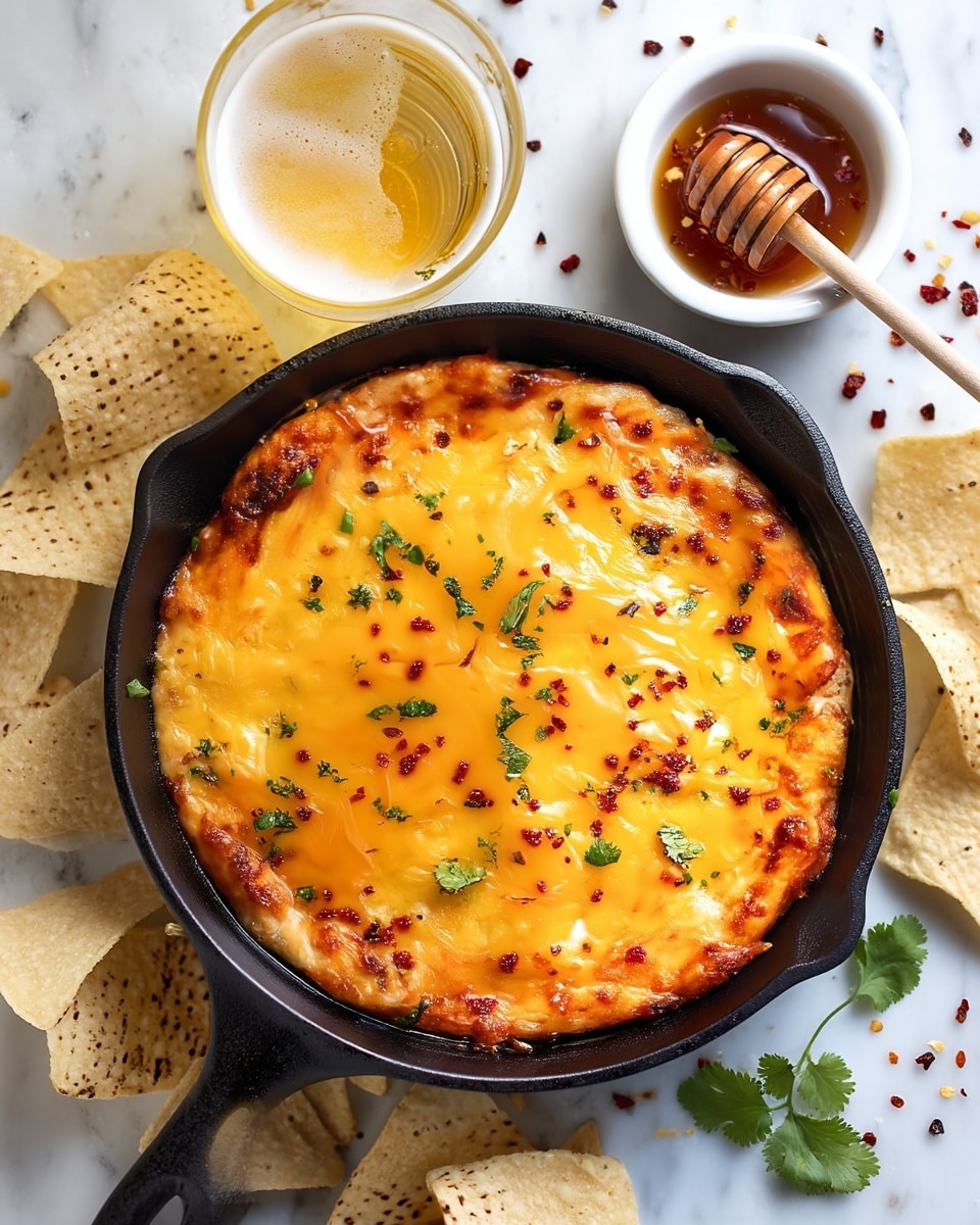 A round black skillet holds a hot dip with one thick layer of melted bright orange cheese topping, browned at the edges with small green cilantro pieces and red pepper flakes sprinkled on top. Around the skillet are scattered light beige tortilla chips and parts of a glass filled with a golden drink. The setting is on a white marbled surface with a small white bowl filled with amber honey and red pepper flakes beside a wooden honey dipper. Photo taken with an iphone --ar 4:5 --v 7