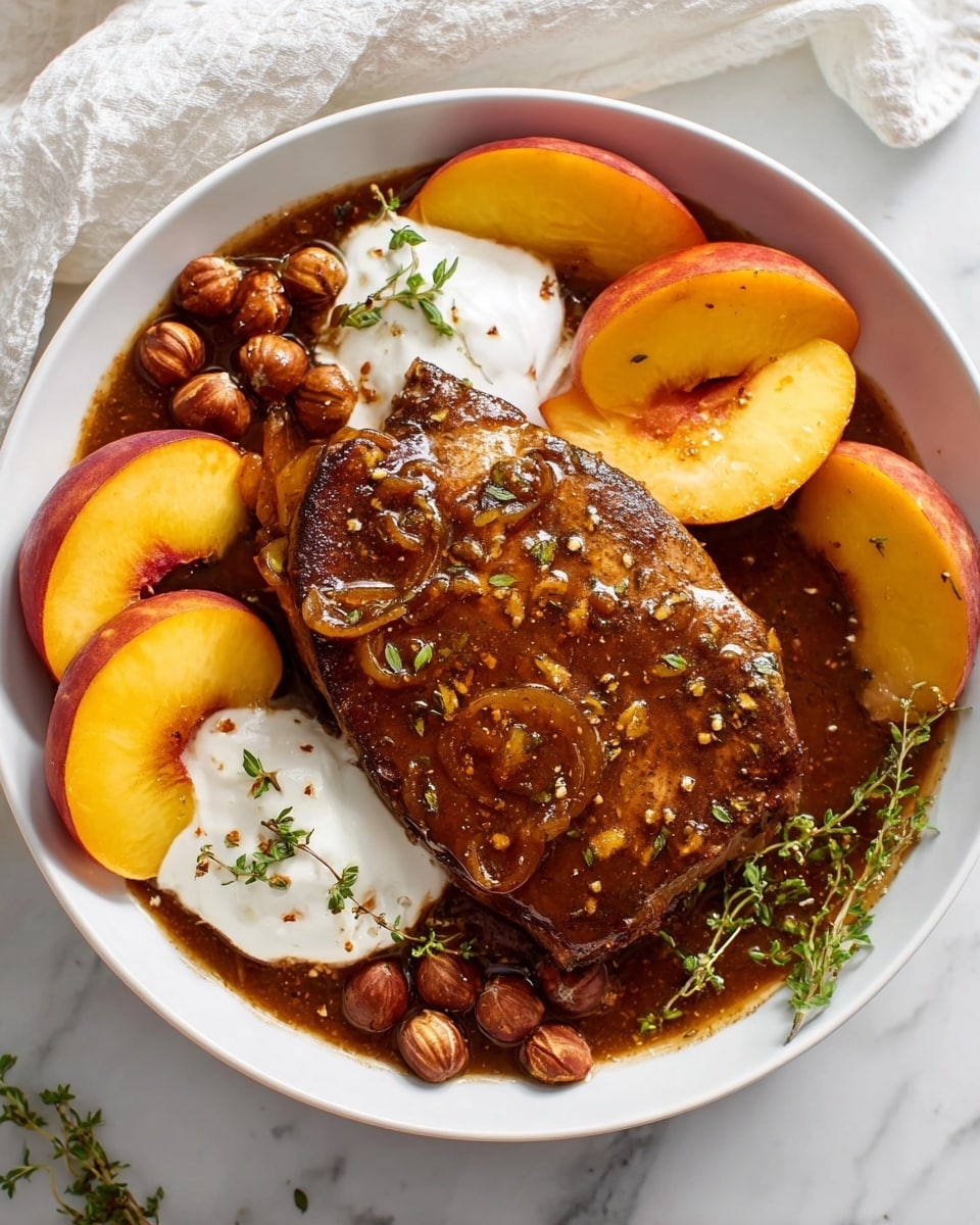 A white bowl contains a single large piece of cooked meat covered with a shiny brown sauce with visible herbs. Surrounding the meat are four peach slices with bright yellow flesh and reddish skin, two dollops of white creamy substance on opposite sides, and clusters of glossy brown nuts. The bowl rests on a white marbled surface, and some small green herb sprigs are placed near the meat edge. A white cloth is visible in the background. Photo taken with an iphone --ar 4:5 --v 7