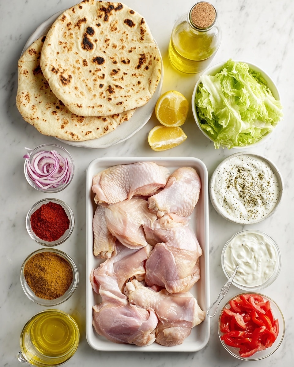A white tray filled with raw pale pink chicken thighs sits in the center on a white marbled surface. Above it, a white plate holds several piles of colorful spices: deep red paprika, light brown coriander and cumin, yellow turmeric, dark brown cinnamon and cardamom, pink salt, and black pepper. To the left, two flatbreads or pita breads with golden brown spots are stacked, next to a clear glass bottle of golden olive oil. Small white bowls around the tray hold chopped lettuce in green, sliced red onions and red tomatoes, white plain Greek yogurt, a creamy tzatziki sauce topped with herbs and olive oil, lemon wedges, minced garlic, and a small bowl of lemon juice. All items are arranged neatly in a flat lay style on the white marbled background. Photo taken with an iphone --ar 4:5 --v 7