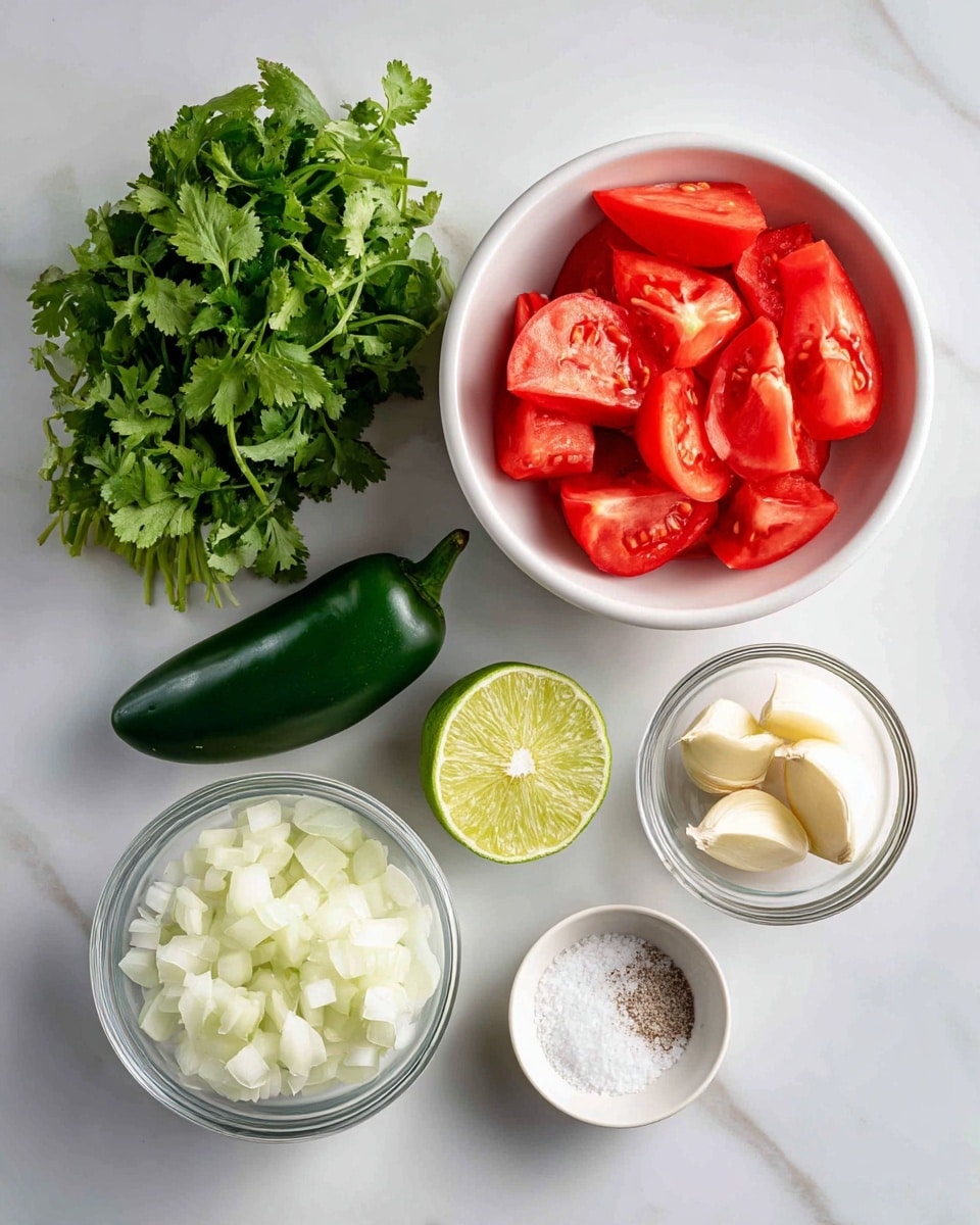 The image shows six ingredients arranged neatly on a white marbled surface. On the left, there is a bunch of bright green fresh cilantro and next to it a shiny dark green jalapeno pepper. Toward the top left, a white bowl is full of red tomato wedges with visible juicy seeds and pulp. To the right of the tomatoes is a small clear glass bowl holding a cut lime with its bright green skin and pale green inside. Below the lime juice, there is a slightly larger clear glass bowl filled with irregular chunks of white onion. To the far right, in a small white dish, are four pale yellow garlic cloves, and below that is another small white dish with coarse white sea salt grains. Each ingredient has a black label with white text naming it. Photo taken with an iphone --ar 4:5 --v 7