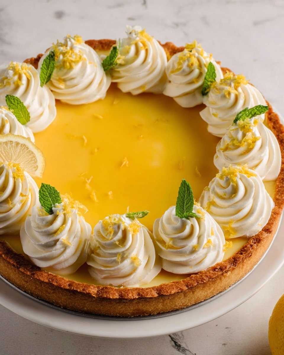 A lemon tart with a golden brown crust forms the base layer, filled with a smooth, glossy bright yellow lemon filling sitting in the center. On top, there are nine evenly spaced swirls of white whipped cream around the outer edge, each topped with small bits of yellow lemon zest. There are a few green mint leaves placed between some of the cream swirls. The tart is placed on a white plate, set against a white marbled textured surface. Photo taken with an iphone --ar 4:5 --v 7