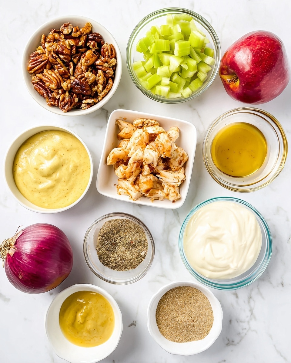 The image shows several small white bowls and clear glass bowls placed on a white marbled surface, each containing different ingredients. One bowl holds chopped pecans in a brown and tan mix, another has light green sliced celery pieces. A square white bowl contains small pieces of cooked, seasoned chicken with a light golden color. There is a clear glass bowl with a light yellow mustard sauce and another clear bowl with a smooth white mayonnaise or creamy sauce. A small white bowl holds a light golden honey-like liquid. Another small white bowl contains a pinch of black pepper and light beige garlic powder together. A pale blue-rimmed white bowl holds grainy brown mustard. Alongside these bowls are a red and yellow apple and a whole red onion on the white marbled surface. photo taken with an iphone --ar 4:5 --v 7