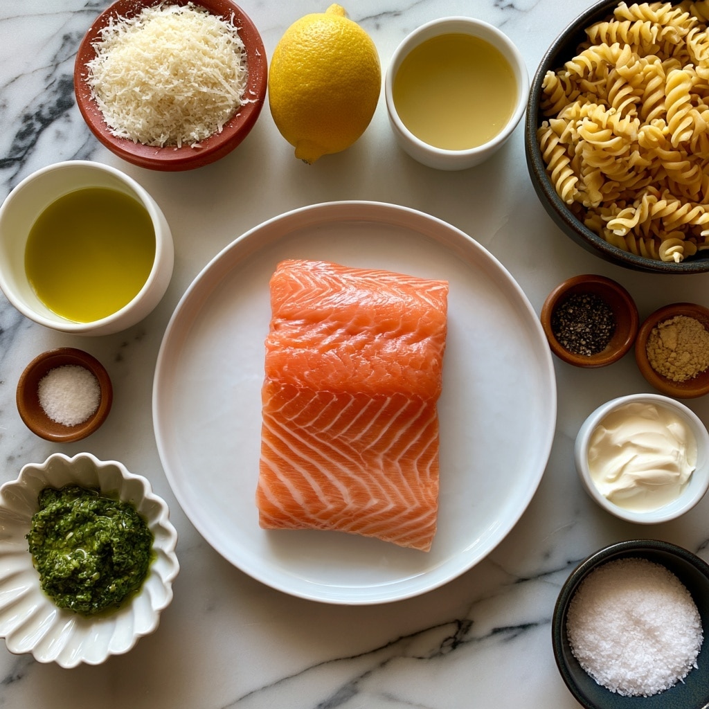 The image shows a flat lay of several cooking ingredients arranged on a white marbled surface. In the center, there is a white plate holding a piece of raw salmon with a smooth pink-orange texture. Surrounding the plate are small bowls containing different ingredients: a white bowl of yellow olive oil on the left, a scalloped white bowl of green pesto below it, a small brown bowl of salt below that, and a round red bowl filled with grated Parmesan cheese at the top left. Above the salmon is a whole yellow lemon, and to the right of the lemon is a small white bowl holding light yellow broth. On the right side of the image is a dark bowl filled with rotini pasta, two small brown bowls containing black pepper and garlic powder respectively, a small white bowl of cream below the pasta, and a dark bowl full of white salt at the bottom right. Each ingredient is clearly labeled with black text. Photo taken with an iphone --ar 4:5 --v 7