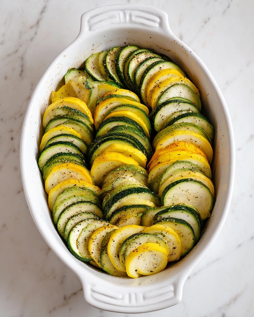 A white oval baking dish filled with layered slices of green zucchini and yellow squash arranged vertically in four neat rows, alternating colors. Each slice is thick and the dish is sprinkled lightly with black pepper. The dish sits on a white marbled surface. photo taken with an iphone --ar 4:5 --v 7