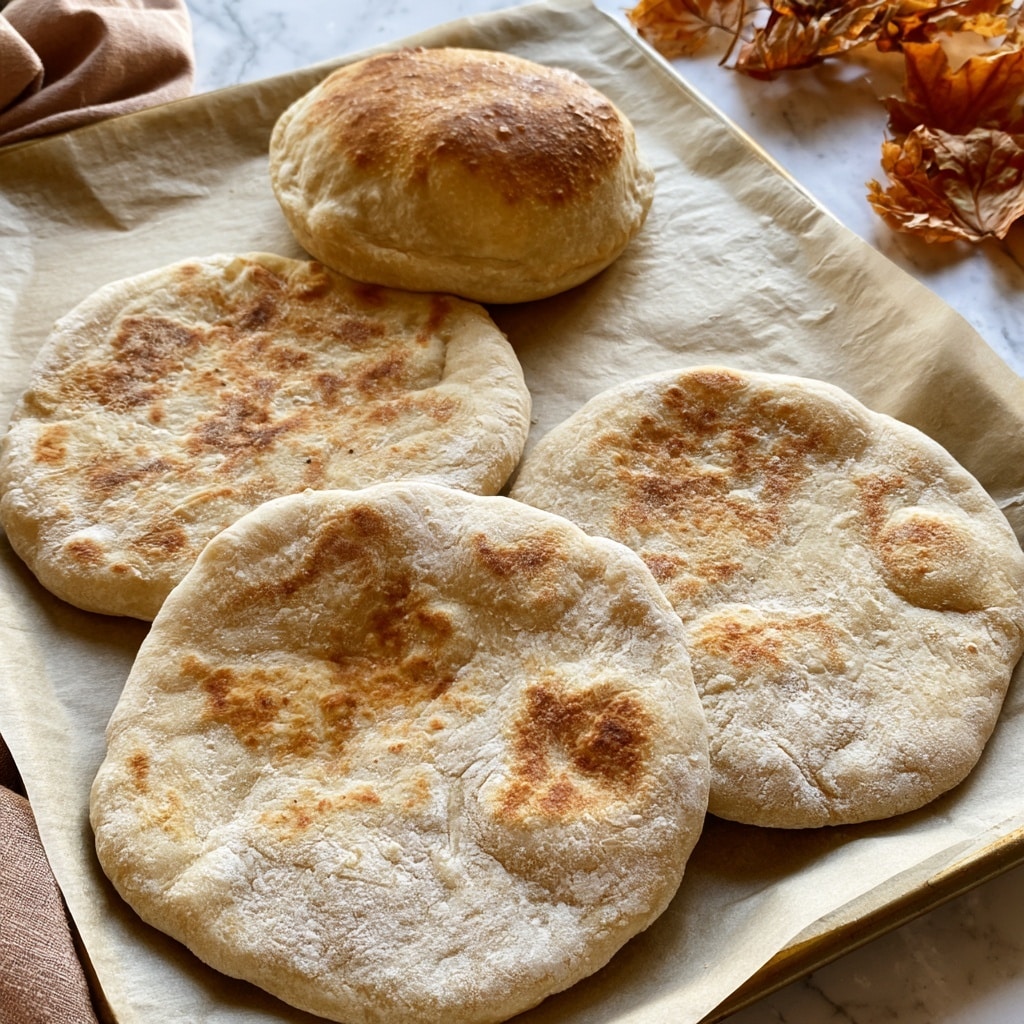 The image shows a baking tray lined with pale parchment paper, holding four round flatbreads. Three of them lie flat with a lightly browned surface that shows golden spots and slight puffiness, while one flatbread in the back center is fully puffed up, showing a puffy, golden-brown dome shape. The flatbreads have a slightly uneven texture with some flour dusting. The background consists of a white marbled surface and some soft brown fabric on the left side, as well as dried orange-brown leaves on the upper right side. photo taken with an iphone --ar 4:5 --v 7
