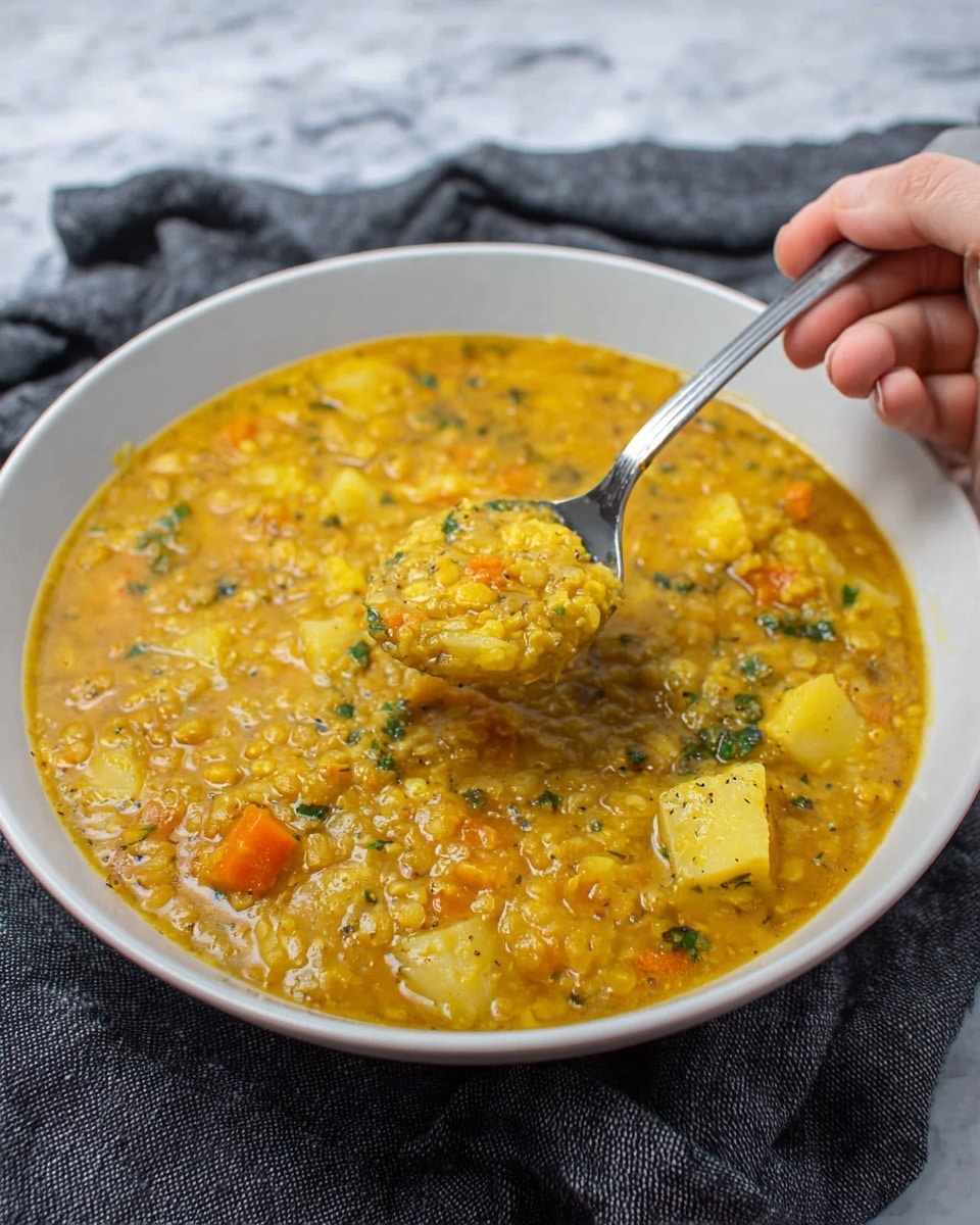 A close-up view shows a silver spoon holding a thick soup made of small yellow lentils, short yellow pasta pieces, orange carrot chunks, and small bits of celery, all mixed in a rich brownish-orange broth. The spoon is lifted from a round white bowl with a dark rim, filled with the same lentil soup. The soup has a chunky texture with visible soft vegetables and grains. The white marbled surface can be seen around the bowl. photo taken with an iphone --ar 4:5 --v 7
