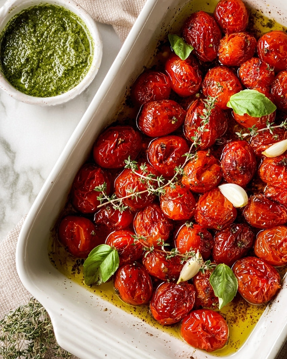 A white baking dish filled with many bright red roasted tomatoes, some wrinkled and shiny with oil, garnished with fresh green basil leaves and small sprigs of thyme scattered on top. Sliced garlic pieces mix in with the tomatoes and oil pools slightly at the bottom. To the top left, there is a small white bowl of green pesto sauce with a textured surface. The background is a white marbled surface. Photo taken with an iphone --ar 4:5 --v 7