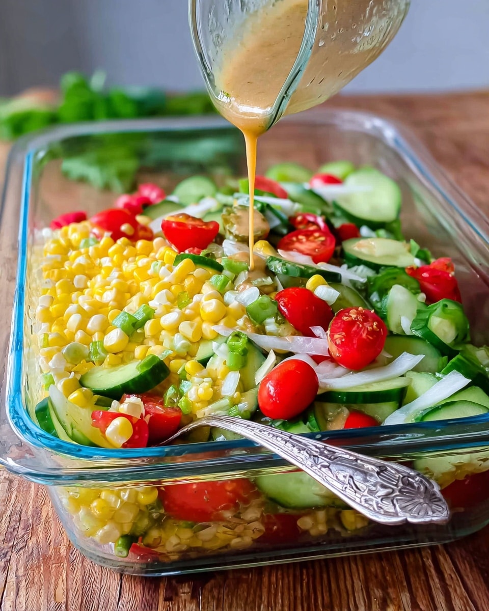 A clear glass container holds a fresh vegetable salad made of three main layers mixed together: bright yellow corn kernels, green cucumber slices with their dark green skin, and red cherry tomato halves, scattered with thin white onion slices. A silver spoon with ornate detailing rests inside the container, slightly to the right. A brownish, creamy dressing is being poured from a clear measuring cup onto the salad, with the liquid flowing in a thin stream. The scene is set on a wooden surface with some green leaves blurred in the background. photo taken with an iphone --ar 4:5 --v 7