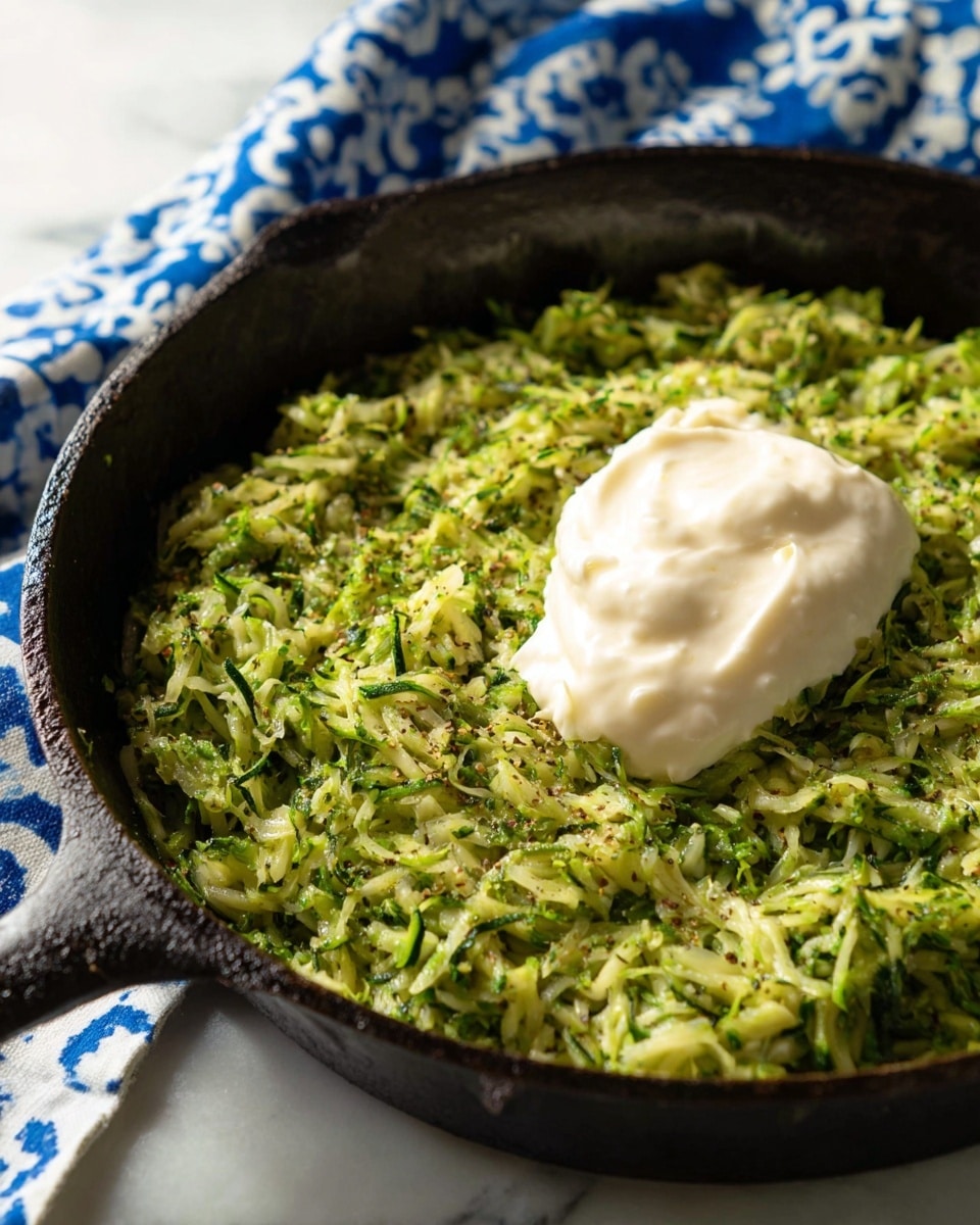 A close-up of a black cast iron skillet filled with a green dish made of small, shredded pieces of zucchini mixed with herbs and light spices, creating a textured, slightly creamy green layer that covers the bottom of the skillet. On top of this green base, near the center front of the skillet, there is a smooth dollop of thick, white cream or sauce with a slightly shiny surface. The skillet rests on a white marbled surface, with a blue cloth featuring white floral patterns blurred in the background. Photo taken with an iphone --ar 4:5 --v 7
