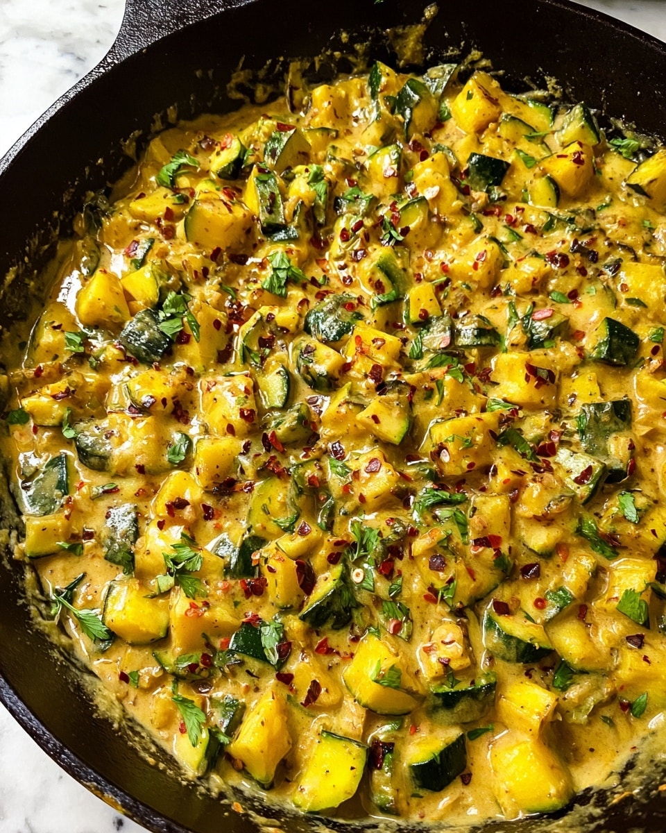 A close-up image of a cooked vegetable dish in a black cast iron skillet, showcasing a thick creamy sauce with yellow and green zucchini pieces cut into small cubes mixed evenly throughout. The dish is speckled with fresh green herbs and red chili flakes, adding texture and color contrast. The creamy sauce has a yellowish hue with visible spices and herbs blended in, creating a rich and hearty look. The skillet rests on a white marbled surface. photo taken with an iphone --ar 4:5 --v 7