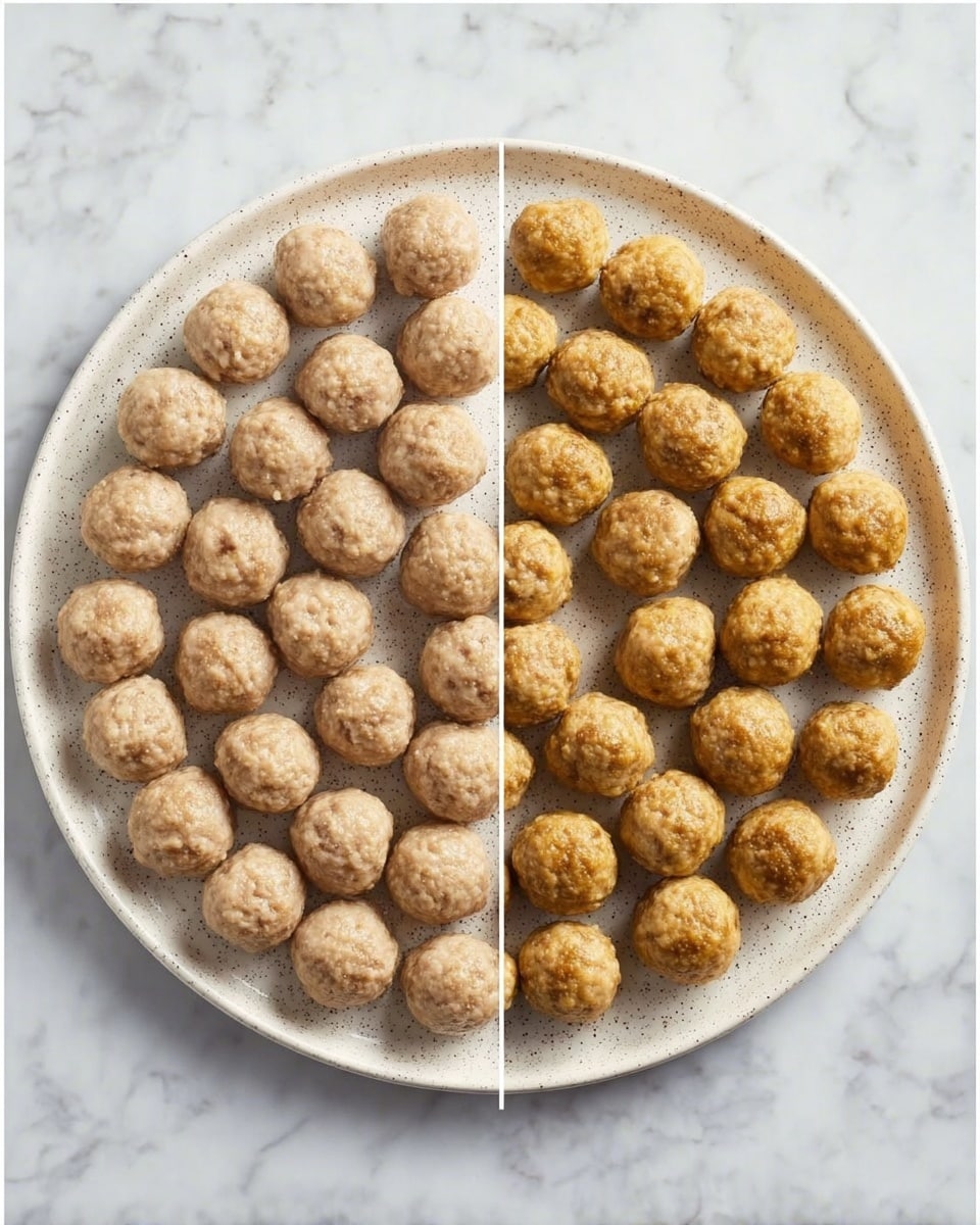 Two side-by-side images show round meatballs on a large white speckled plate placed on a white marbled surface. The left plate has a group of 49 light beige meatballs arranged in a circular pattern covering most of the plate. The right plate has about 56 slightly darker golden-brown meatballs, also arranged in a similar circular shape filling the plate. Both plates have a smooth and shiny texture on the meatballs. Photo taken with an iphone --ar 4:5 --v 7