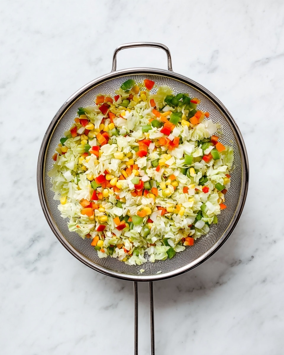 A round silver metal sieve filled with finely chopped vegetables arranged in a single layer. The vegetables include light green cabbage pieces, white onion bits, small bright green pieces of celery, yellow corn kernels, and small chunks of orange and red bell peppers. The sieve is placed on a smooth white marbled surface. The handle of the sieve extends downwards from the bottom center of the image. The overall colors are fresh and vibrant with a mix of green, white, yellow, orange, and red. photo taken with an iphone --ar 4:5 --v 7