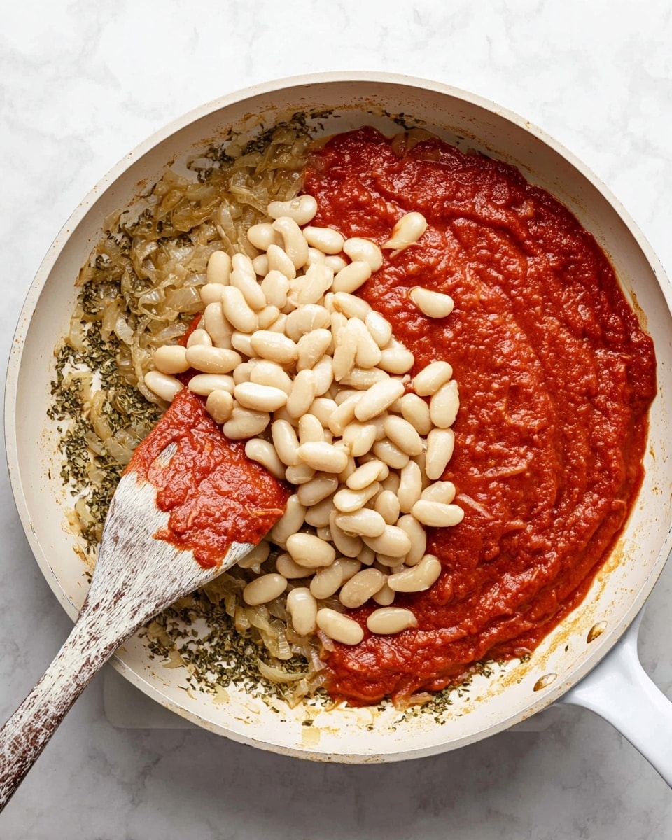 A white pan sits on a white marbled texture surface, with cooked chopped onions and herbs forming a light brown and green layer around the edges of the pan. Over this, there is a thick layer of bright red tomato sauce mostly covering the right side of the pan. On top of the tomato sauce is a pile of pale white beans gathered in the center. A wooden spatula with a worn handle rests on the left side of the pan, dipping slightly into the layers of onion and sauce. Photo taken with an iphone --ar 4:5 --v 7