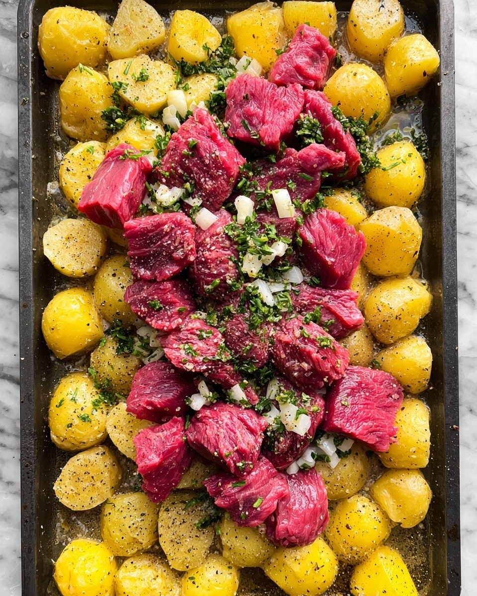 The image shows a baking tray filled with small, golden-yellow potato pieces as the bottom layer, with a slightly crispy texture and some black pepper seasoning visible on their skin. On top of these potatoes are irregular chunks of bright red raw beef, scattered across the tray. The beef has a fresh, moist appearance with visible marbling of fat. Over the beef and potatoes, there is a sprinkling of finely chopped fresh green herbs and minced white garlic pieces that add texture contrast. The baking tray rests on a white marbled surface. photo taken with an iphone --ar 4:5 --v 7