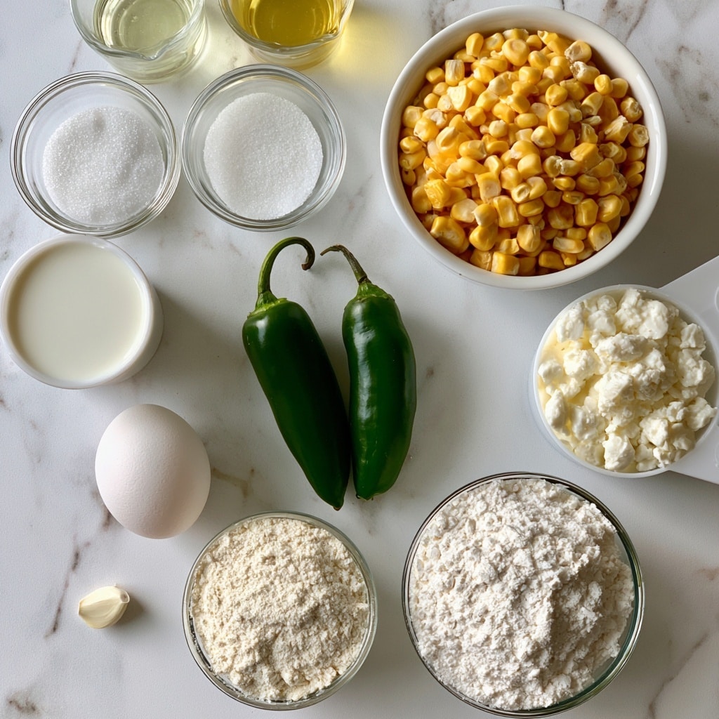 The image shows various cooking ingredients arranged neatly on a white marbled surface. There is a white bowl filled with yellow corn kernels placed towards the top right. Next to it, on the right, is a white measuring cup holding crumbled white mozzarella cheese. Below that is a small glass bowl with white all-purpose flour. Slightly below and to the left, another small glass bowl contains white corn flour. Two fresh green jalapeño peppers lie side by side in the center. A whole white egg is placed to the left of the jalapeños. To the left of the egg, a small cup of white milk is positioned. Above the milk, a small glass bowl contains white sugar, and next to it, another glass bowl holds salt. Above the sugar and salt bowls, two glass containers hold light yellow oil and melted butter. Below the sugar bowl, a small white garlic clove rests on the surface. The layout is clean and organized, all items set against a white marbled background. photo taken with an iphone --ar 4:5 --v 7