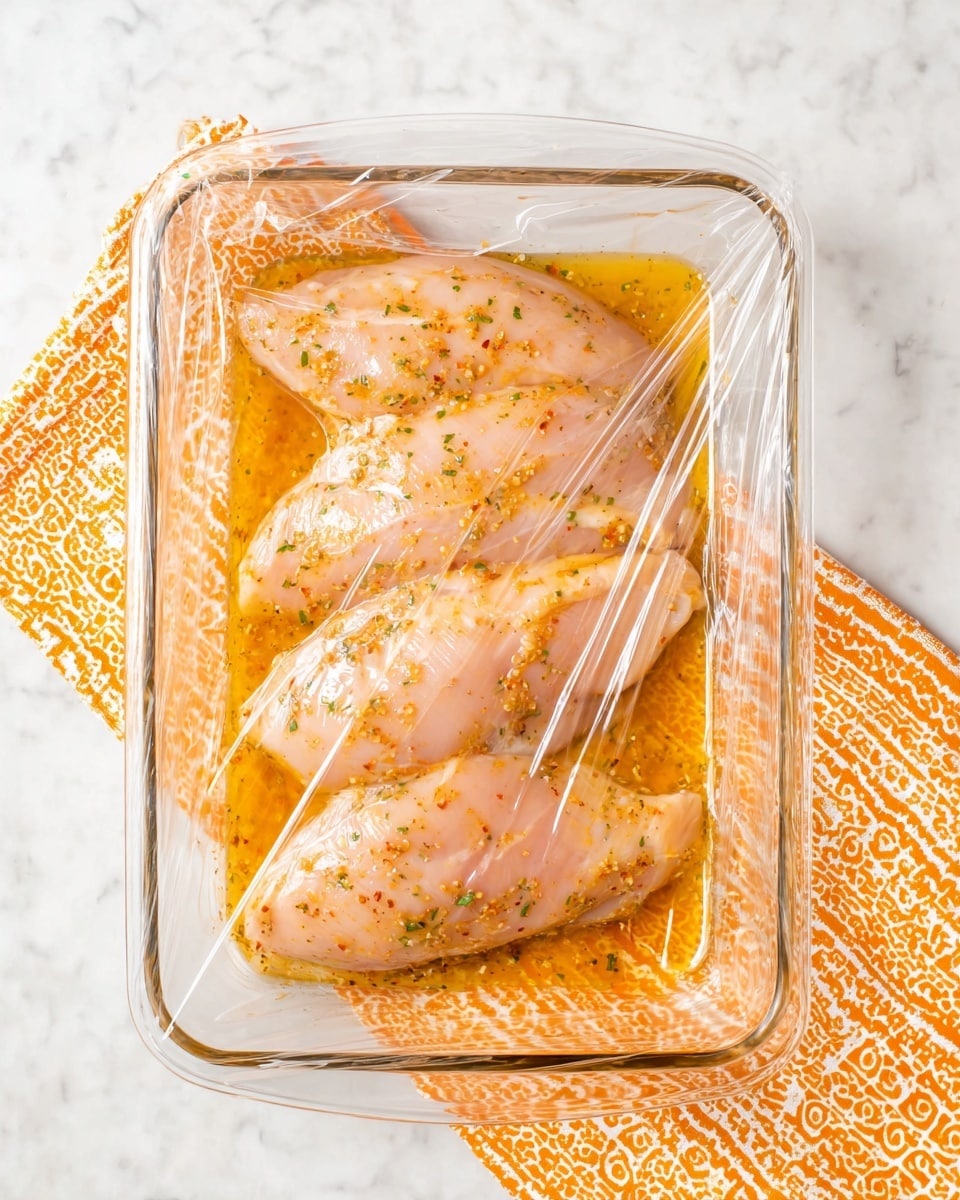 The image shows three raw chicken pieces laid flat in a clear glass rectangular baking dish. The chicken is covered in a light orange marinade with visible small herbs and spices mixed in, creating a slightly oily texture around the meat. The dish is tightly wrapped with clear plastic wrap. The background is a white marbled surface, and a folded orange cloth with a white and yellow circular pattern is partially visible under the dish on the lower right side. photo taken with an iphone --ar 4:5 --v 7