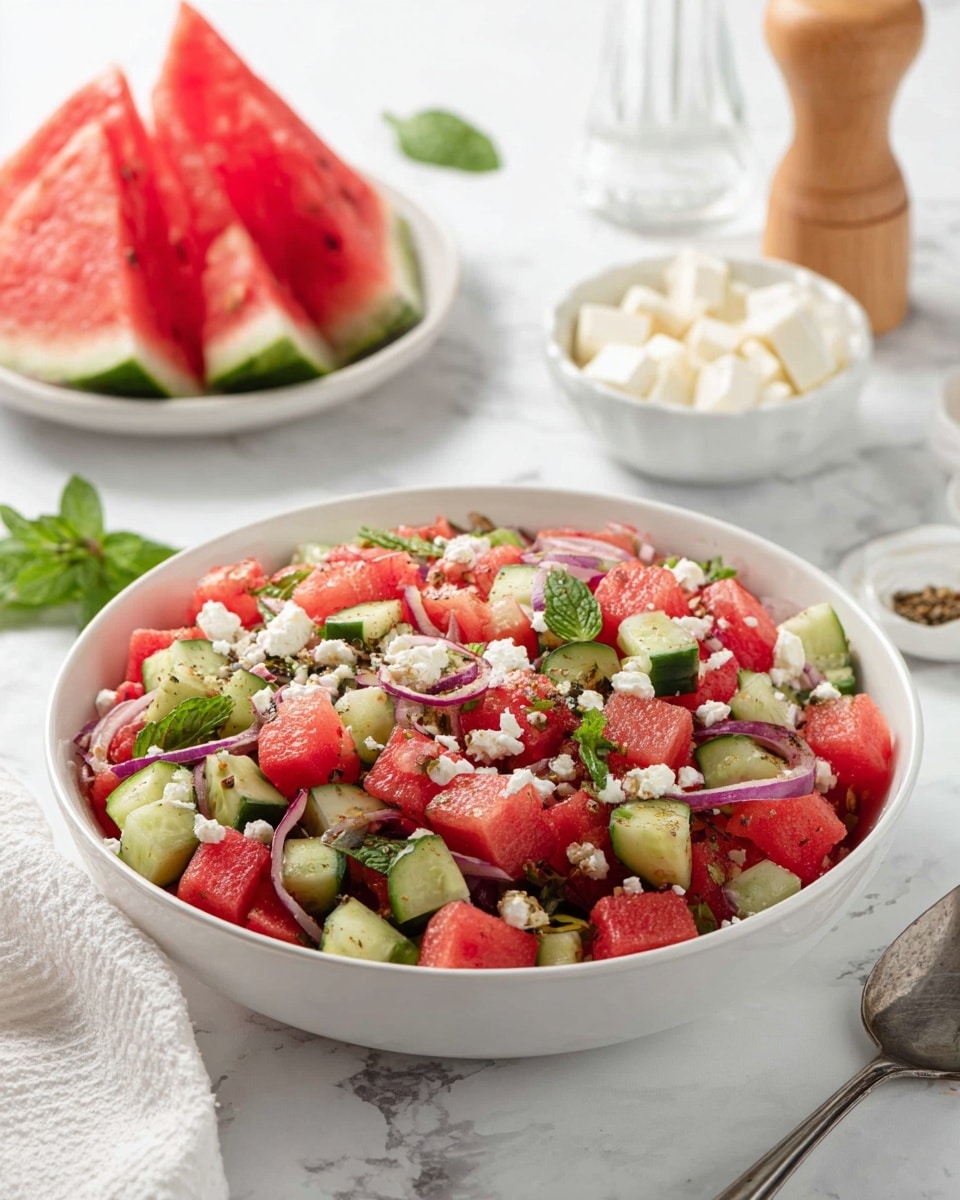 A white bowl filled with a colorful salad made of three main layers: bright red watermelon cubes, light green cucumber pieces, and thin strands of purple onion, all mixed together. On top of the salad, small white crumbles of cheese and fresh green mint leaves are scattered, adding texture and color contrast. Behind the bowl on a white marbled surface, there is a white dish holding triangular slices of watermelon with green rinds, a small white bowl of white cheese cubes with a silver spoon inside, and a clear glass pepper mill with a wooden top. The whole scene is bright and fresh, with a soft focus on the background items. Photo taken with an iphone --ar 4:5 --v 7