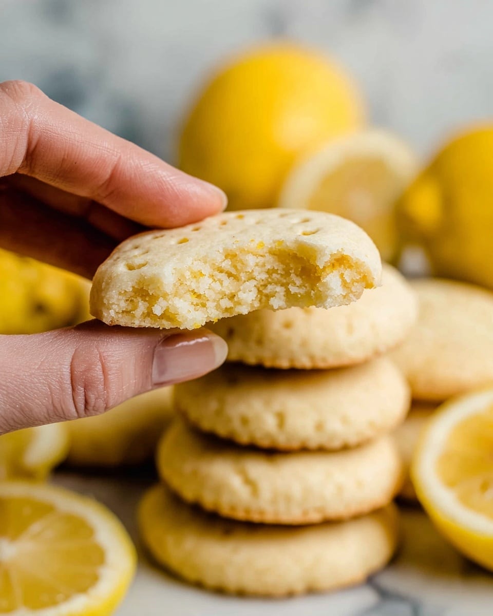 A close-up image shows a woman's hand holding a round, pale yellow cookie with a bite taken out, revealing its crumbly texture. In the blurred background, more of these cookies are stacked, each having small evenly spaced holes on top. There are also halved and whole bright yellow lemons placed around the cookies. The scene is set on a white marbled surface. Photo taken with an iphone --ar 4:5 --v 7