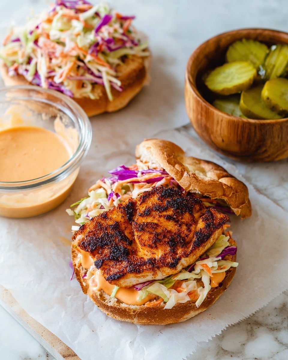 An open sandwich on white marbled surface shows two parts: the bottom half has a toasted bun with a layer of light orange sauce, a layer of shredded colorful coleslaw with orange, purple, and white pieces, topped with a thick, dark brown grilled piece of seasoned fish with char marks. The top half bun also has the orange sauce spread with a heap of the same shredded coleslaw on it. To the left of the sandwich is a small clear bowl filled with the light orange sauce, and to the right is a small wooden bowl holding several green pickle slices. Photo taken with an iphone --ar 4:5 --v 7