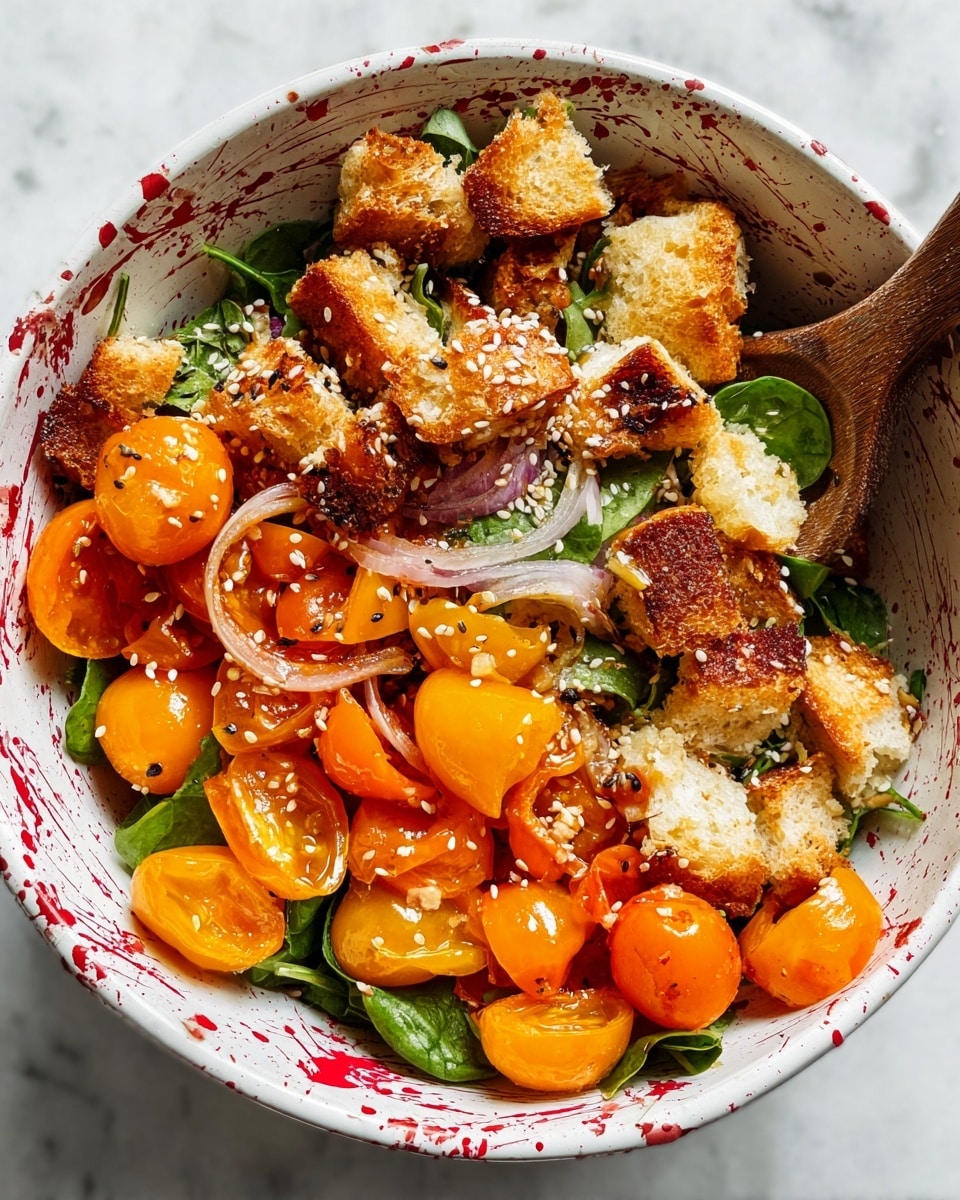 A colorful salad in a white bowl with red splatter marks shows three layers: the bottom layer is a mix of bright orange cherry tomatoes and sliced orange peppers with a shiny texture; the middle layer has fresh green spinach leaves and thin white onion slices; the top layer contains golden-brown, toasted bread chunks with sesame seeds and crispy cooked pieces of cheese also sprinkled with sesame seeds. A wooden spoon is partially visible inside the bowl. The bowl is placed on a white marbled surface. Photo taken with an iphone --ar 4:5 --v 7