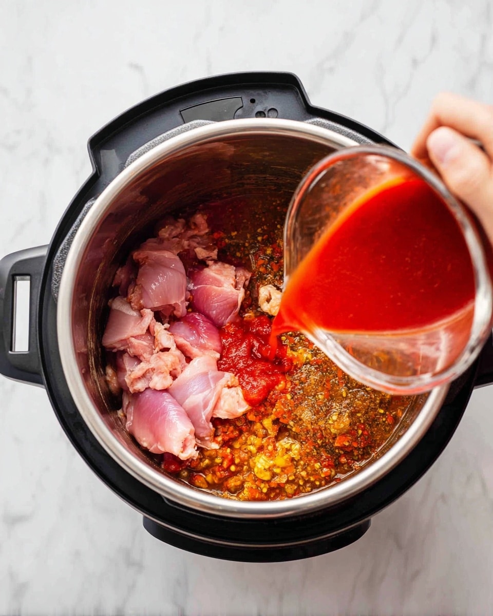 A white bowl on a white marbled surface holds pieces of raw pink chicken meat. Around it are small white bowls with white chopped onions, bright red chopped bell peppers, and various colorful spices including yellow, brown, and green in a white bowl. There is a glass container filled with smooth red tomato sauce, and a small glass jar with white cream or milk. A light green plate holds a square piece of butter. Additional white dishes contain light yellow minced ginger, minced garlic, and white powder which looks like flour or cornstarch. All bowls and dishes are arranged neatly on a white marbled background photo taken with an iphone --ar 4:5 --v 7