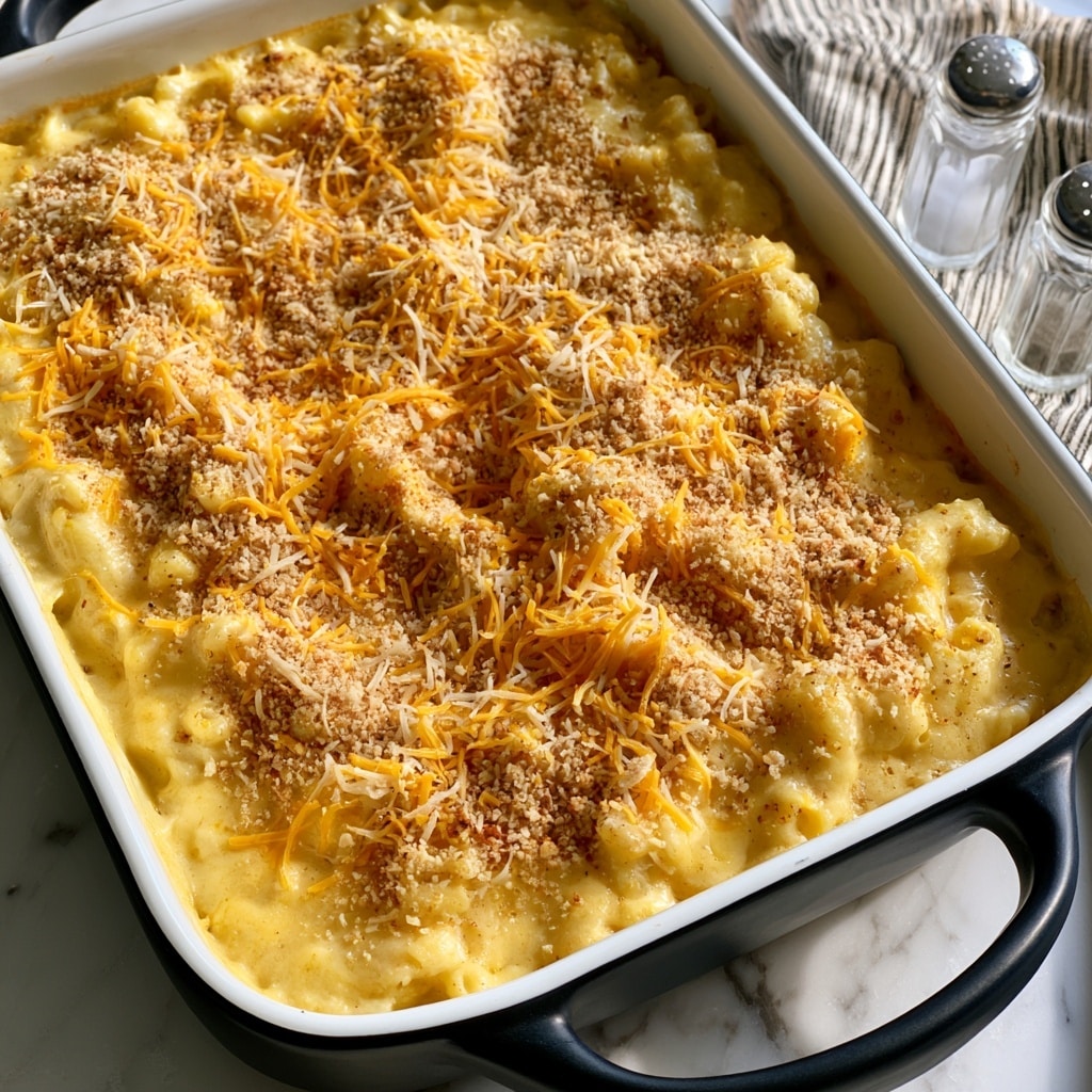 A rectangular black pan with white inside is filled with creamy yellow macaroni, topped with a mix of shredded orange and white cheese and light brown breadcrumbs spread evenly over the top. The pan is placed on a white marbled surface, next to a striped cloth with two clear glass salt and pepper shakers nearby. The macaroni looks soft and covered with thick creamy sauce beneath the topping. Photo taken with an iphone --ar 4:5 --v 7