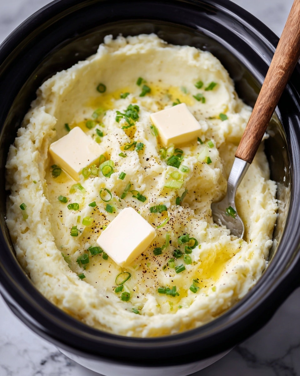 A close-up top view of a creamy pale yellow mashed potato dish inside a black slow cooker, with three small square pats of butter melting on top, sprinkled with chopped green onions and black pepper. A spoon with a wooden handle is partially inserted into the mash on the right side. The setting has a white marbled surface in the background. photo taken with an iphone --ar 4:5 --v 7
