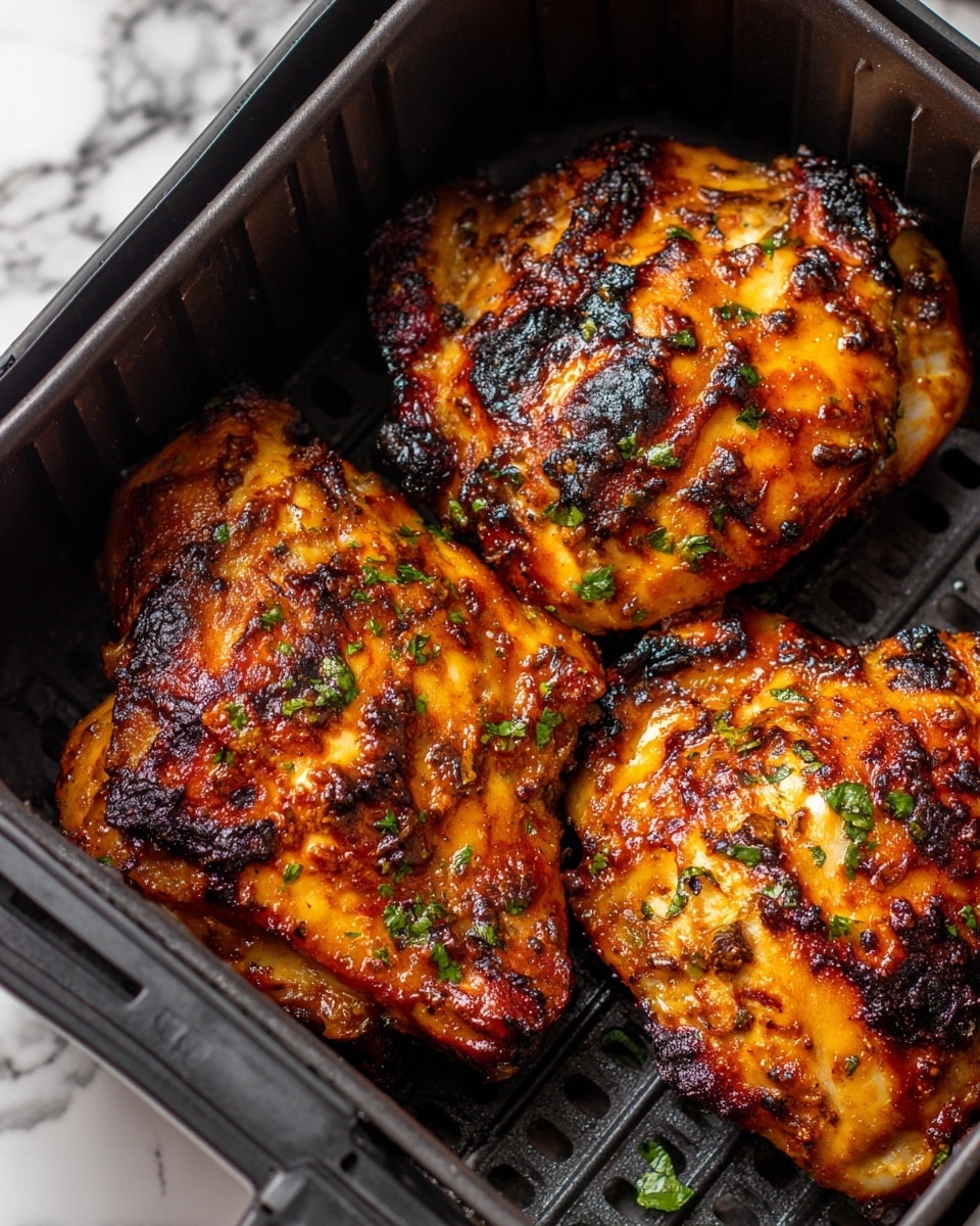 The image shows three pieces of grilled chicken with a crispy, golden-brown skin with dark charred spots, placed closely together in a black air fryer basket. The chicken is coated in a shiny, spicy glaze and sprinkled with small green herb bits, likely parsley or cilantro. The black basket contrasts well with the rich, warm tones of the chicken, and some green herbs are scattered around the pieces. The background surface is a white marbled texture. Photo taken with an iphone --ar 4:5 --v 7