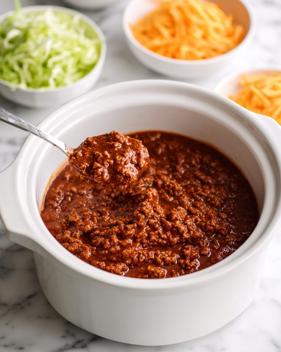 A white slow cooker filled with a thick, rich brown meat sauce that has a chunky texture. A metal spoon is scooping the sauce from the center, showing the mixture's hearty consistency. In the background on a white marbled surface, there is a white bowl with light green shredded lettuce on the left side and a white bowl with shredded orange cheddar cheese on the lower right side, all arranged neatly. The scene looks clean and bright with natural lighting. Photo taken with an iphone --ar 4:5 --v 7