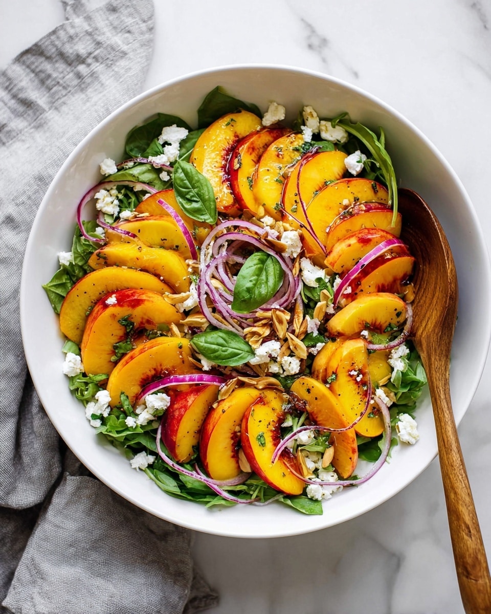 A fresh salad sits in a white bowl, layered with dark green arugula leaves as the base. On top, there are several grilled peach slices with dark grill marks, thin rings of purple onion, and small white crumbles of cheese scattered around. Bright orange edible flowers add a pop of color on one side. Two silver knives rest on the edge of the bowl. The bowl is placed on a white marbled surface with a small white bowl of yellow dressing and scattered slivered almonds nearby. Photo taken with an iphone --ar 4:5 --v 7