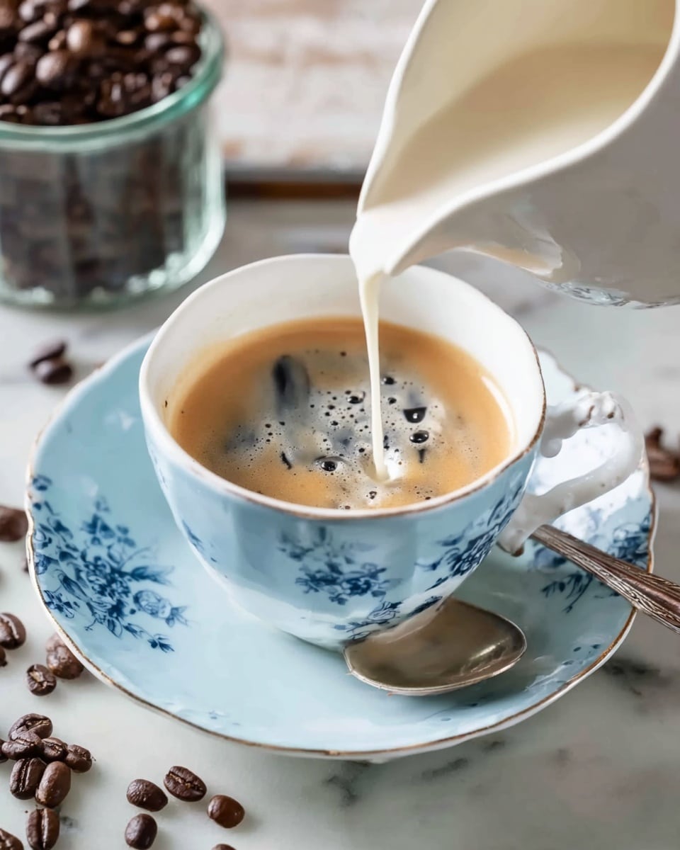 A close-up view of a light blue cup filled with dark coffee that has a smooth, creamy layer on top, sitting on a white saucer with a delicate blue floral pattern; a white creamy liquid is being poured into the center of the coffee from a small white pitcher, creating a thin white stream that mixes with the coffee’s surface, and a small silver spoon rests on the saucer next to the cup, all placed on a white marbled surface with scattered dark roasted coffee beans and a clear glass container filled with more beans nearby, soft natural light highlighting the textures and colors, photo taken with an iphone --ar 4:5 --v 7