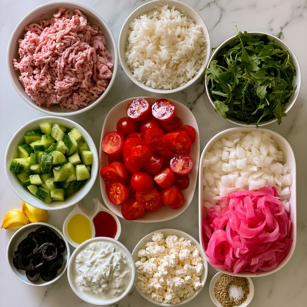 The image shows many ingredients in white bowls arranged neatly on a white marbled surface. There is ground turkey in a white bowl with pinkish texture and strands. A bowl of white rice has fluffy grains. A bowl of arugula has dark green leafy greens. The cucumbers are chopped into small green chunks in another white bowl. Cherry tomatoes are halved, showing bright red and shiny insides. White diced onions fill a bowl next to pickled onions, which are bright pink and thinly sliced. A small bowl has black sliced olives, and another has white crumbled feta cheese. A small white bowl holds creamy white tzatziki sauce with visible herbs. There are also small white dishes with yellow garlic, golden olive oil, red wine vinegar, and yellow lemon juice. A small dish contains beige herbs and spices with salt in the center. photo taken with an iphone --ar 4:5 --v 7